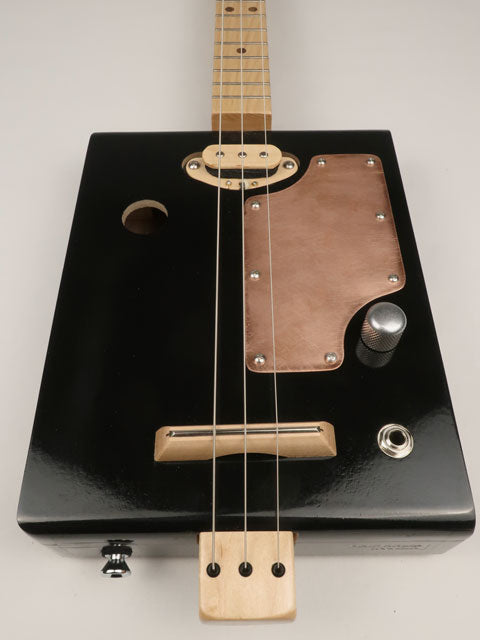 Front view Cigar Box Guitar with single coil pickup and copper pick guard. Handmade by Mike Snowden for sale. 