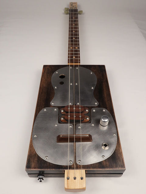 Metal Top 3 String Cigar Box Guitar CBG #2627 front view made by Mike Snowden.