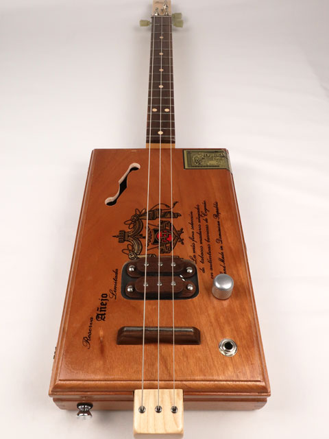Front view of a 3 string cigar box guitar A-Fuente handmade by Mike Snowden of Snowden Guitars.
