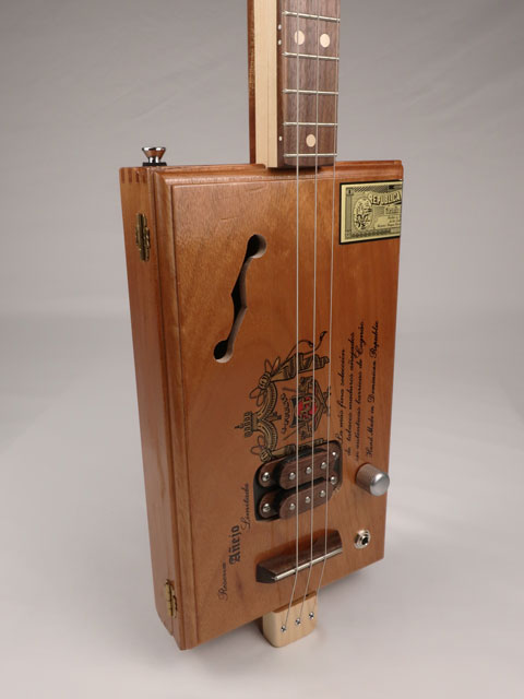 Front view of a 3 string cigar box guitar A-Fuente handmade by Mike Snowden of Snowden Guitars.