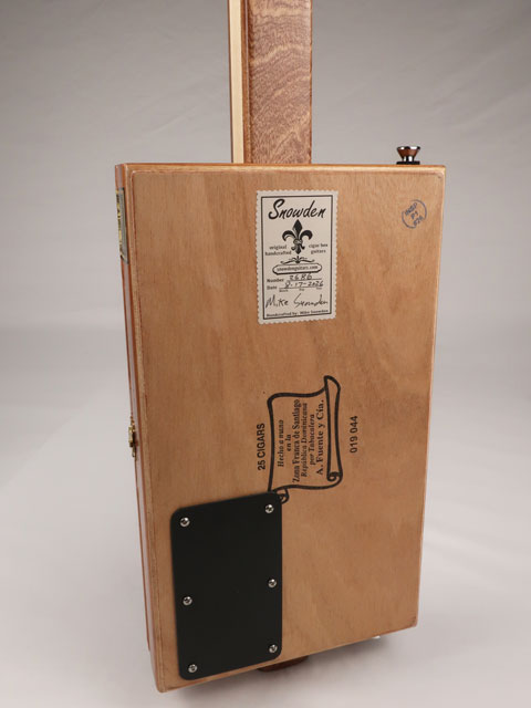 Back view of a 3 string cigar box guitar A-Fuente handmade by Mike Snowden of Snowden Guitars.