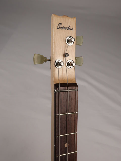 Front view of a 3 string cigar box guitar neck and headstock with a Snowden Guitars logo on the headstock.