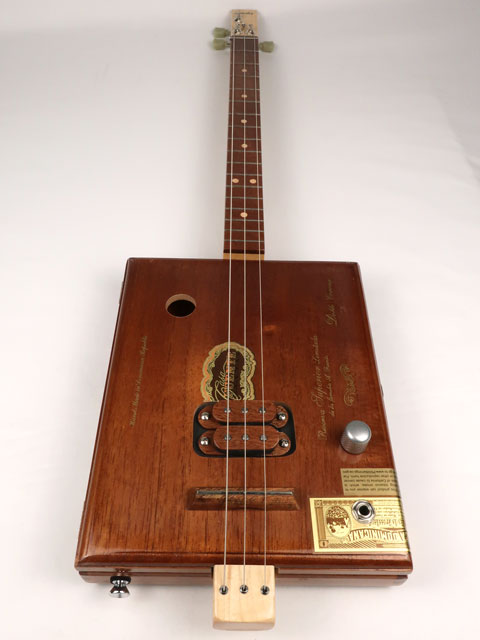 Front view of a Fuente 3 string cigar box guitar made with a maple neck sapele fretboard handmade by Mike Snowden of Snowden Guitars.
