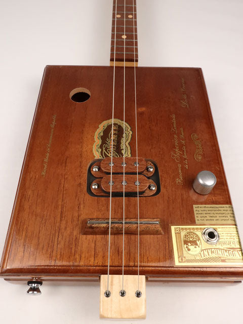 Front view of a Fuente 3 string cigar box guitar made with a maple neck sapele fretboard handmade by Mike Snowden of Snowden Guitars.