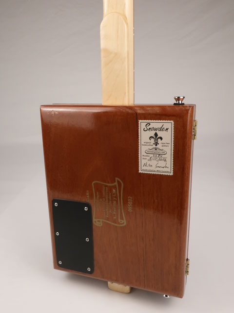 Back view of a Fuente 3 string cigar box guitar made with a maple neck sapele fretboard handmade by Mike Snowden of Snowden Guitars.
