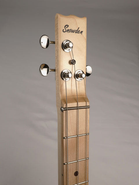 Front view of a 3 string cigar box guitar with Snowden Guitars logo on the headstock.