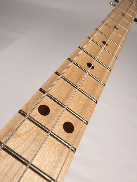 Front view of a 3 string cigar box guitar neck and fretboard handmade by Mike Snowden of Snowden Guitars.