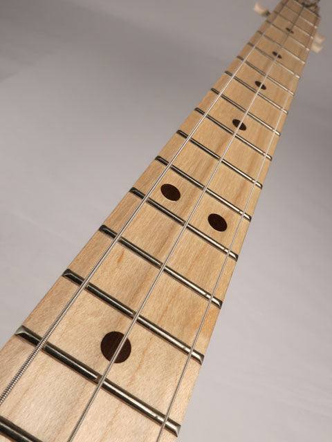 Front view of a 3 string cigar box guitar neck handmade by Mike Snowden.
