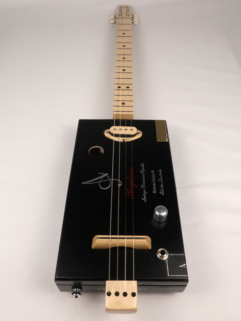 Front view of a 4 string  Angelenos cigar box guitar with a maple neck and single coil pickup handmade by Mike Snowden of Snowden Guitars.