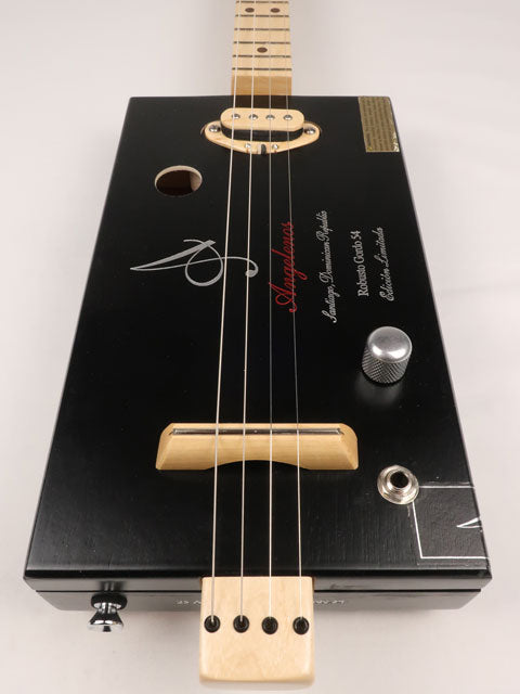 Front view of a 4 string  Angelenos cigar box guitar with a maple neck and single coil pickup handmade by Mike Snowden of Snowden Guitars.