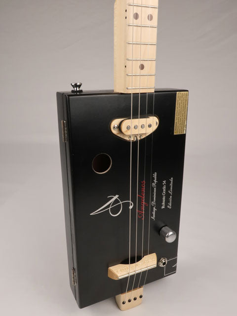 Front tilted view of a 4 string  Angelenos cigar box guitar with a maple neck and single coil pickup handmade by Mike Snowden of Snowden Guitars.