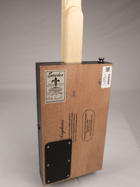 Back view of a 4 string  Angelenos cigar box guitar with a maple neck and single coil pickup handmade by Mike Snowden of Snowden Guitars.