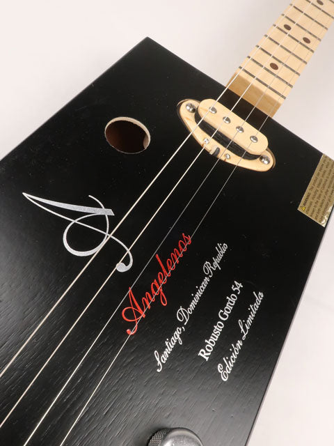 Front tilted view of a 4 string  Angelenos cigar box guitar with a maple neck and single coil pickup handmade by Mike Snowden of Snowden Guitars.