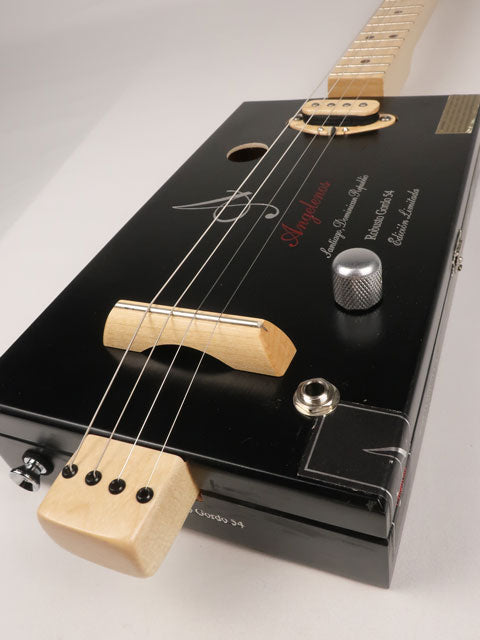 Front tilted view of a 4 string  Angelenos cigar box guitar with a maple neck and single coil pickup handmade by Mike Snowden of Snowden Guitars.