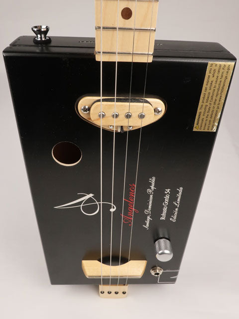 Front view of a 4 string  Angelenos cigar box guitar with a maple neck and single coil pickup handmade by Mike Snowden of Snowden Guitars.
