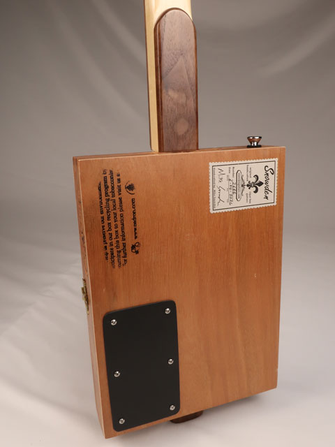 Back view of a 3 string cigar box guitar made with a Padron cigar box. Handmade by Mike Snowden of Snowden Guitars.