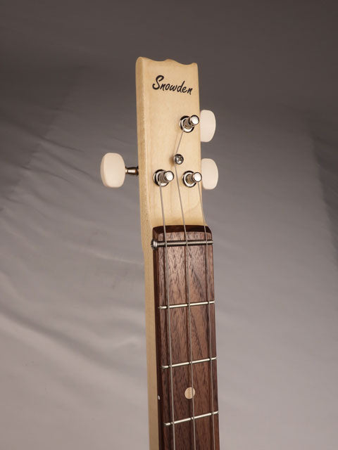 Front view of a 3 string cigar box guitar neck with a Snowden Guitars logo on the headstock. Handmade by Mike Snowden of Snowen Guitars.