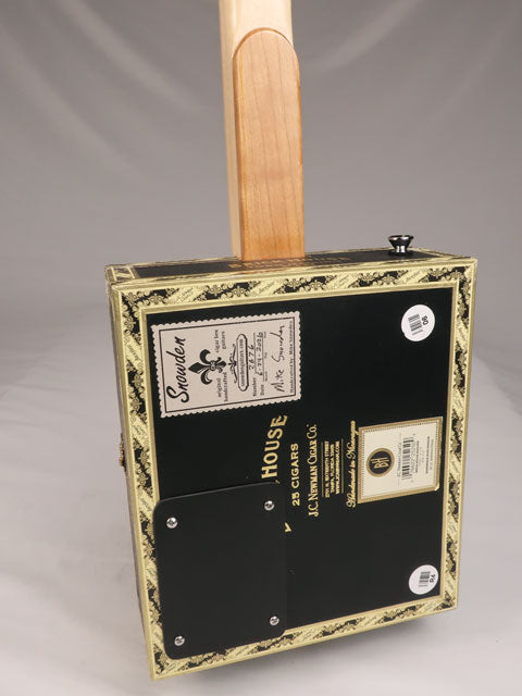 Back view of a cigar box guitar made by Mike Snowden of Snowden Guitars. 