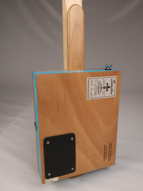 Back view of a 2 string cigar box guitar made with an AVO cigar box. Handmade by Mike Snowden of Snowden Guitars.