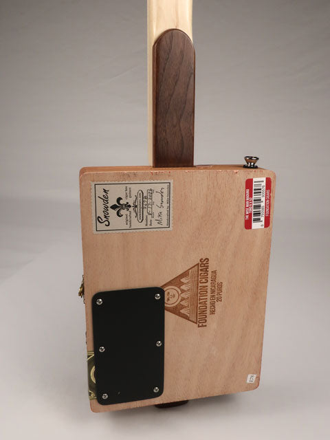 Back view of The Wise Man 3 string cigar box guitar handmade by Mike Snowden. This cigar box is made with a red cigar box with The Wise Man printed on the front.