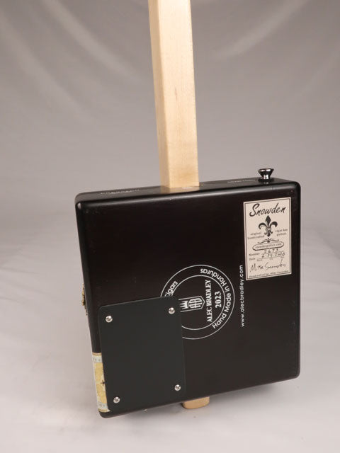 Back view of a one string cigar box guitar made with a Alec Bradley cigar box. Handmade by Mike Snowden of Snowden Guitars. 