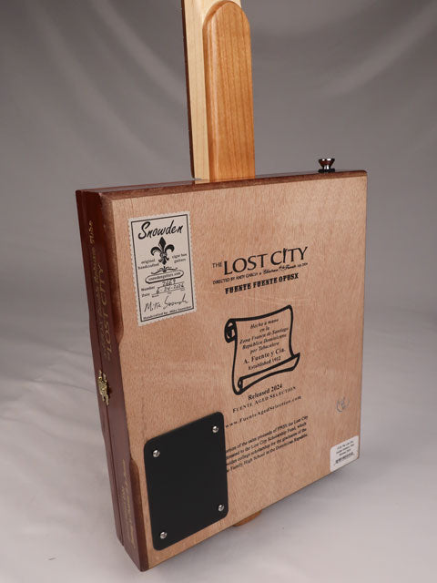 Back view of a 3 string cigar box guitar made with a Lost City Cigar box. Handmade by Mike Snowden of Snowden Guitars.