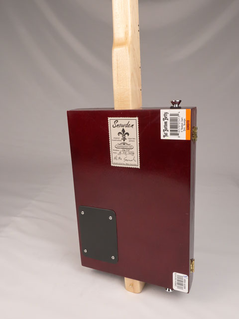 Back view of a one string diddly bow cigar box guitar made with a Fat Bottom Betty cigar box. Handmade by Mike Snowden of Snowden Guitars.