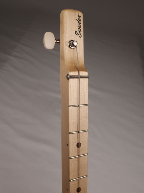 Front view of a on string diddly bow cigar box guitar made with a maple neck. Snowden guitars logo is on the fron of the headstock.