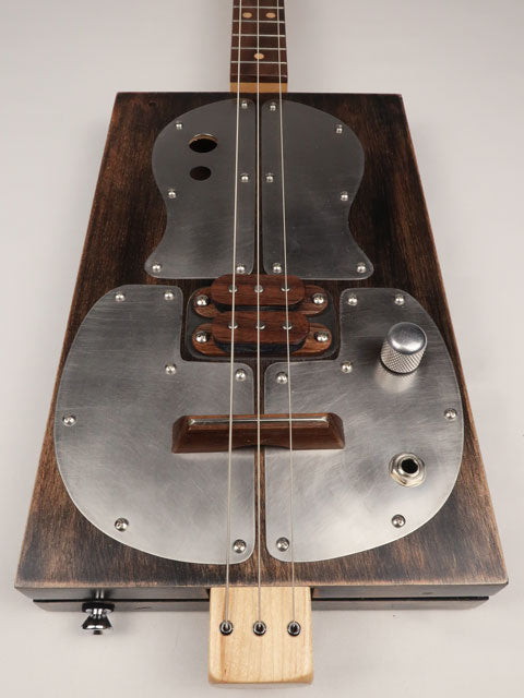 Front view of a Metal Top 3 String Cigar Box Guitar made by Mike Snowden.