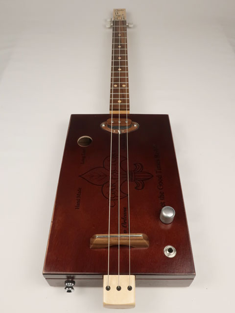 Front view cigar box guitar 3 string new cigar factory with single coil pickup. Handmade by Mike Snowden.