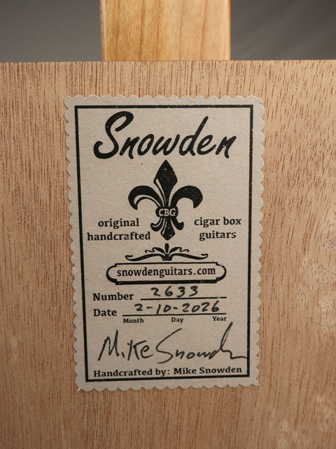 Back view cigar box guitar 3 string new cigar factory with single coil pickup. Handmade by Mike Snowden.