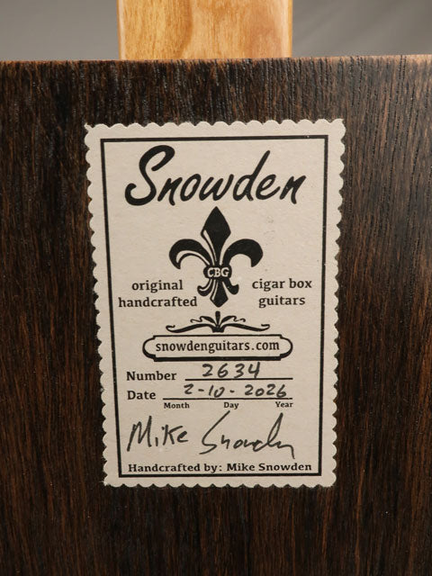 back view of Snowden Cigar Box Guitar label. Made by Mike Snowden with a Padron cigar box.