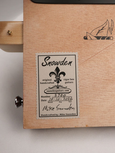 Back view of a cigar box guitar handmade by Mike Snowden of Snowden Guitars. 