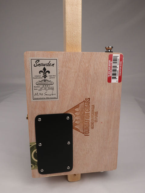 Back View of a cigar box guitar made by Mike Snowden of Snowden Guitars.