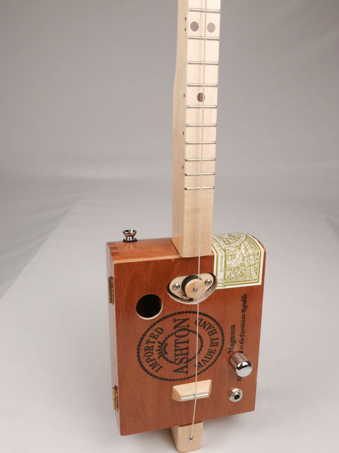 Front view of a Cigar Box Guitar diddly bow one string handmade by Mike Snowden. This cigar box guitar is made with an Ashton cigar box by Mike Snowden of Snowden Guitars.