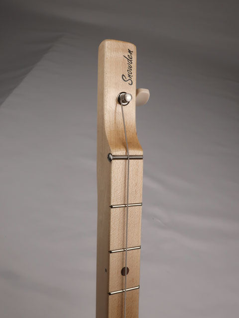 Front view of a one string cigar box guitar headstock with Snowden Guitars logo on the front.