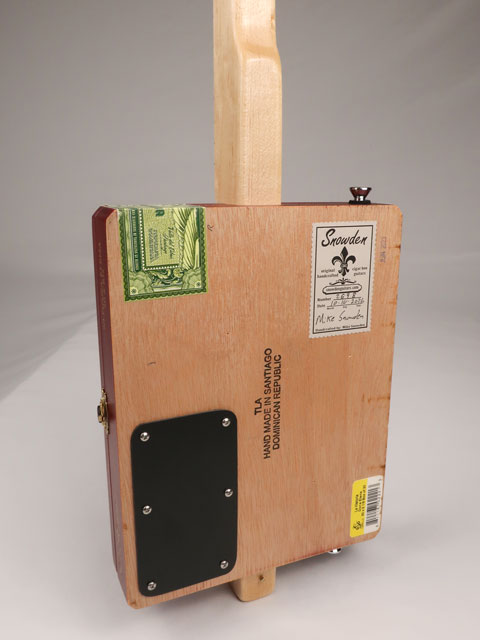 Back view of a cigar box guitar made by Mike Snowden of Snowden Guitars.