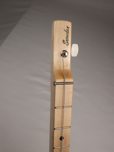 Front view of a one string diddly bow cigar box guitar neck and fretboard. Handmade by Mike Snowden of Snowden Guitars.