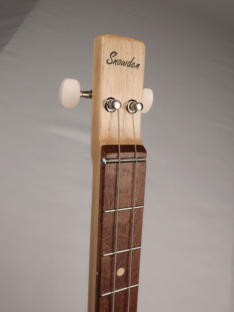 Front view of a cigar box guitar neck and fretboard. Handmade by Mike Snowden of Snowden Guitars.