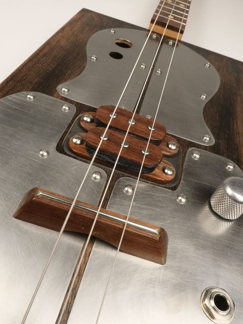 Close up view Metal Top 3 String Cigar Box Guitar CBG #2627 made by Mike Snowden.