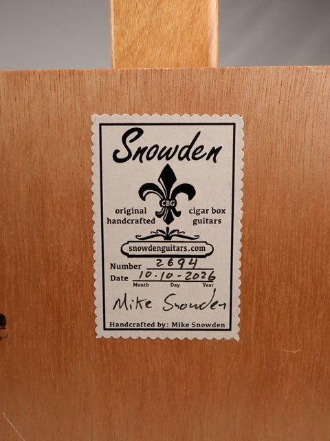 Back view of a 3 string cigar box guitar made with a Padron cigar box. Handmade by Mike Snowden of Snowden Guitars.